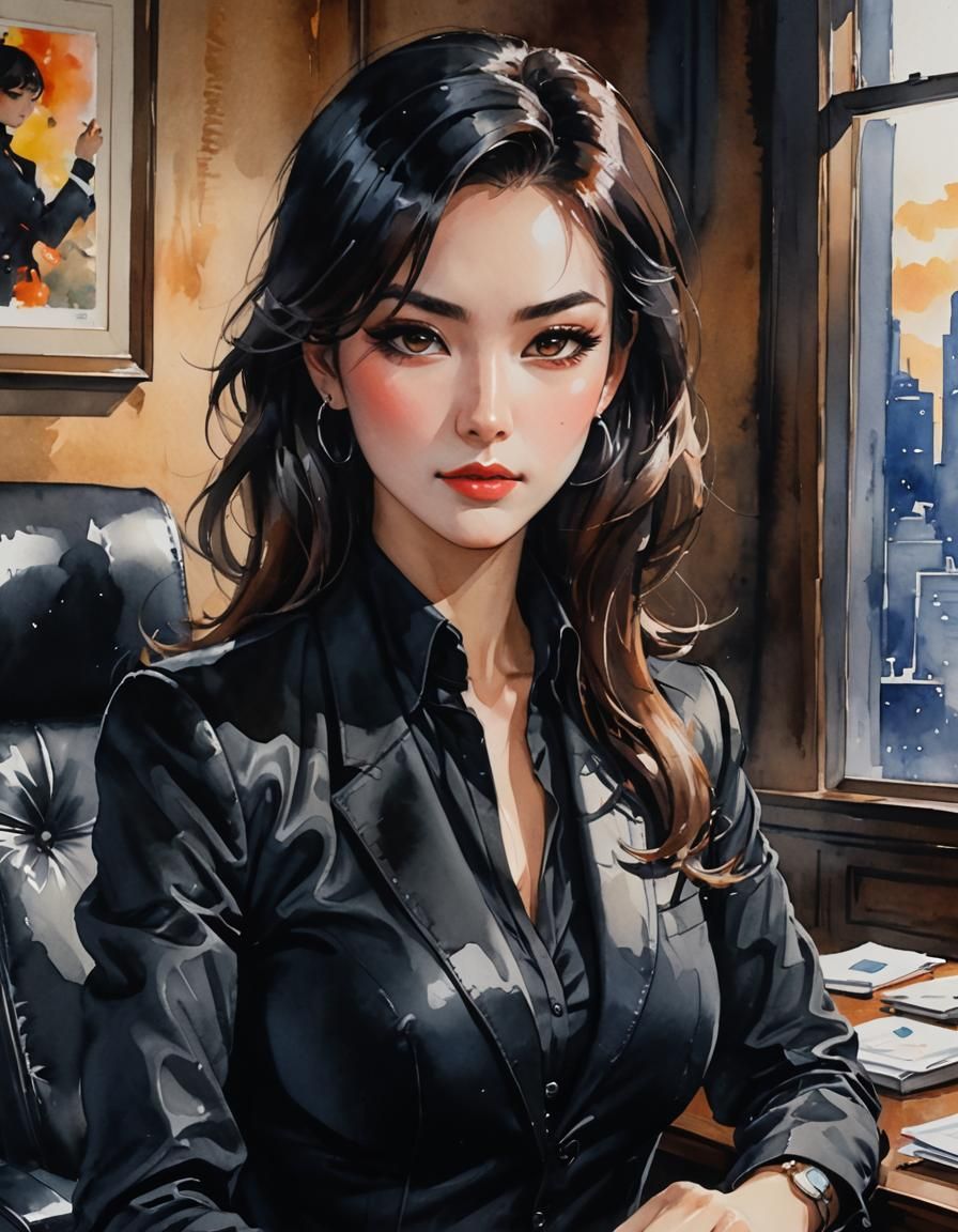 Anime Secret Agent Smirking in Private Office