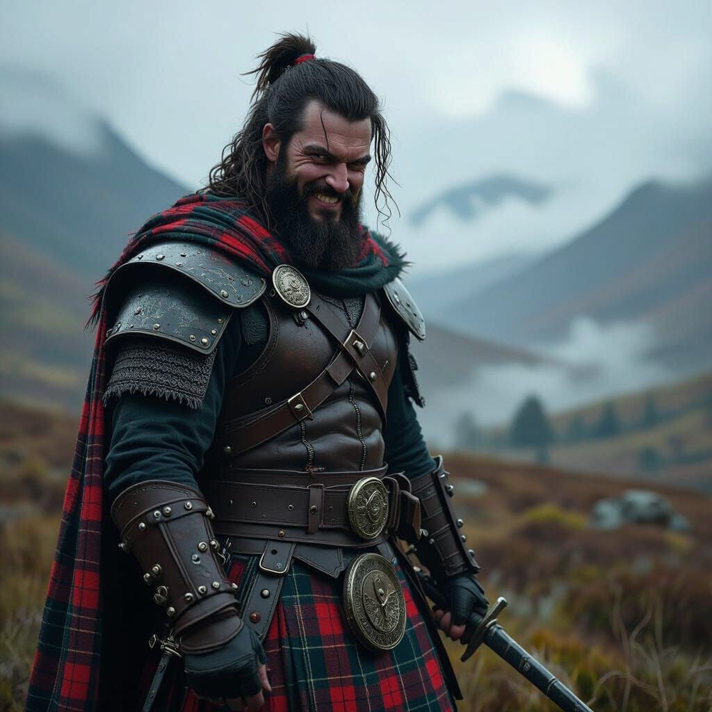 Happy Deranged Highlander in Misty Scottish Landscape