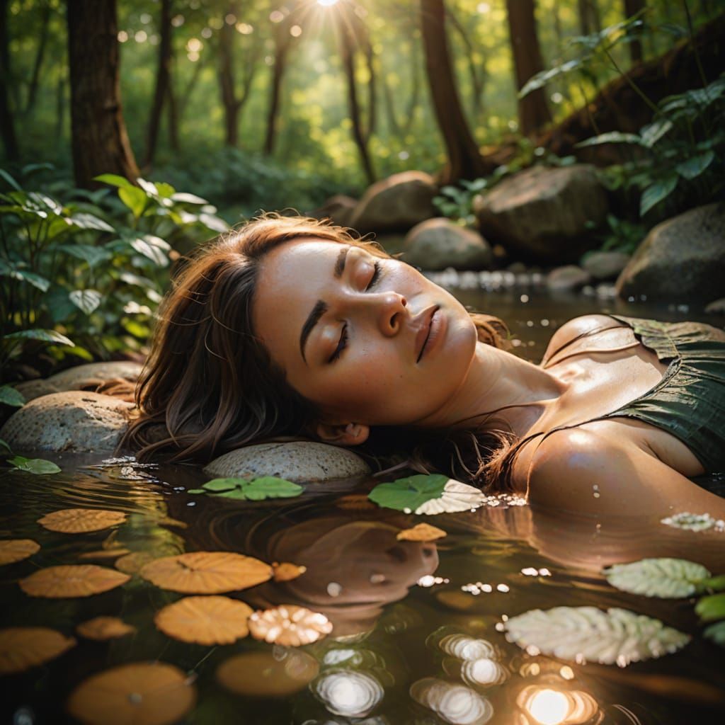 Serene Woman in Golden Light, Lush Greenery