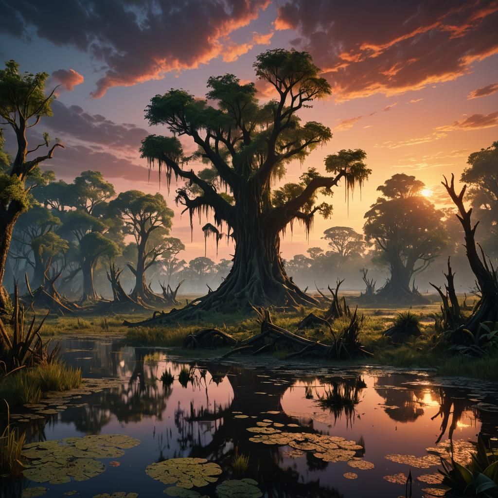 Sunset Over Swamp: Detailed Matte Painting in 8K
