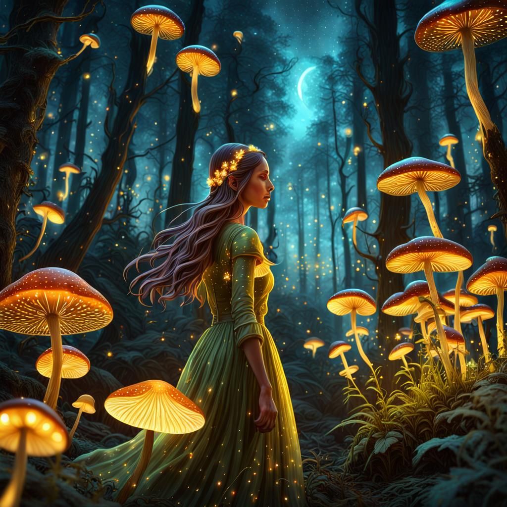 A beautiful woman and the glowing mushrooms in the rainfores...