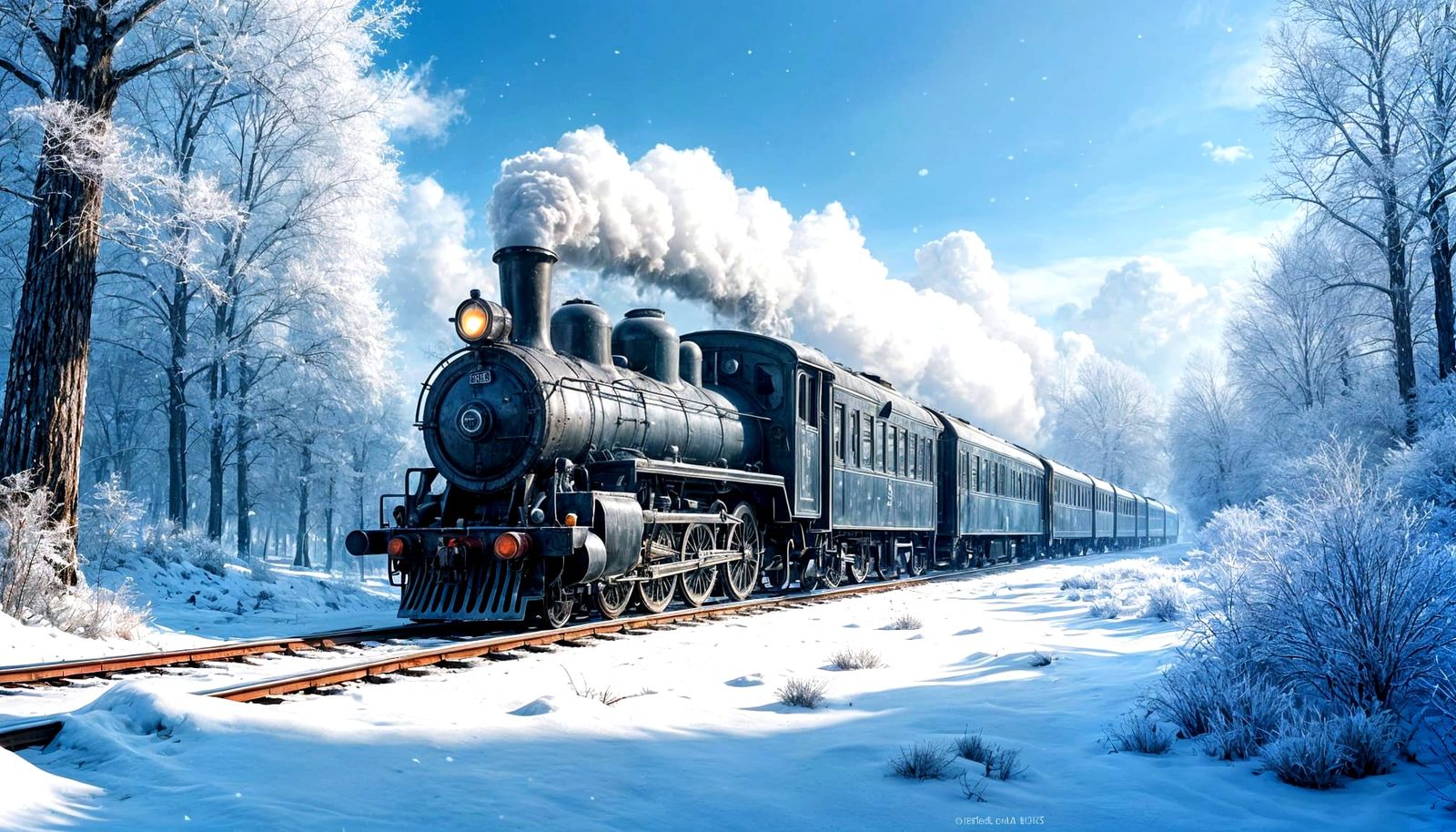 Frost-Covered Steam Train in Snowy Forest