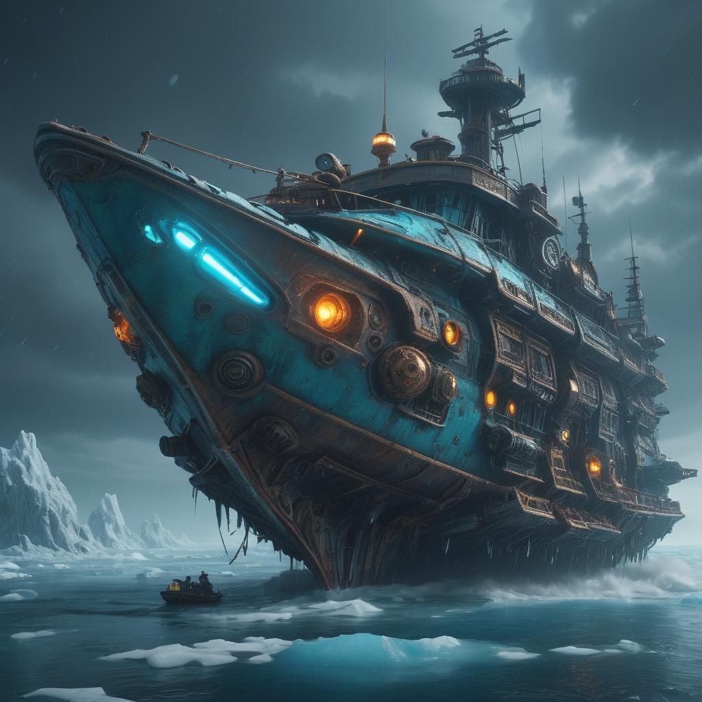 Steampunk Alien Boat on Ice Planet in Sci-Fi Style