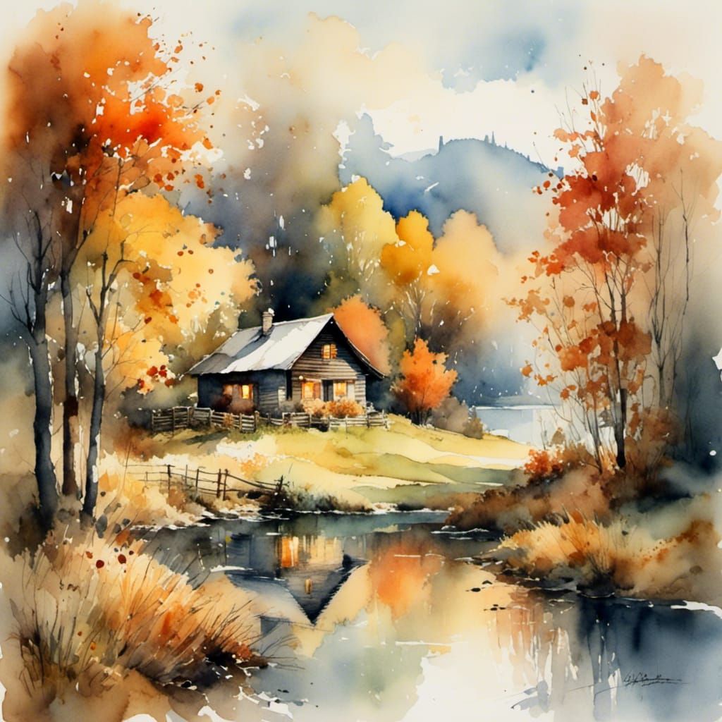 Autumn Lake Cabin in Romantic Watercolor Style