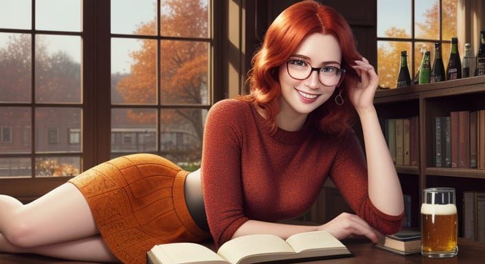 Redhead Woman in Library with Autumn Light