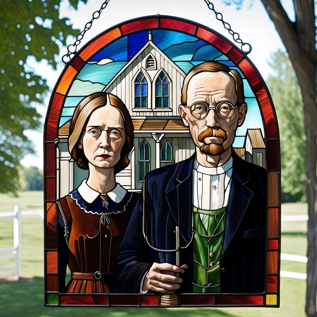 Stained glass American Gothic