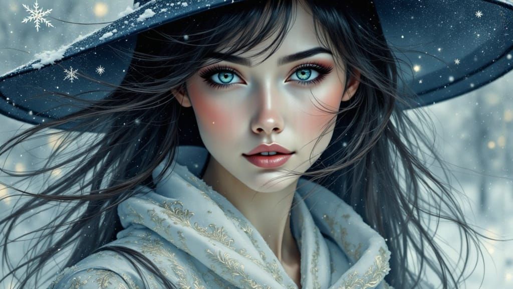 Mysterious East Asian Woman in Twilight Snowfall