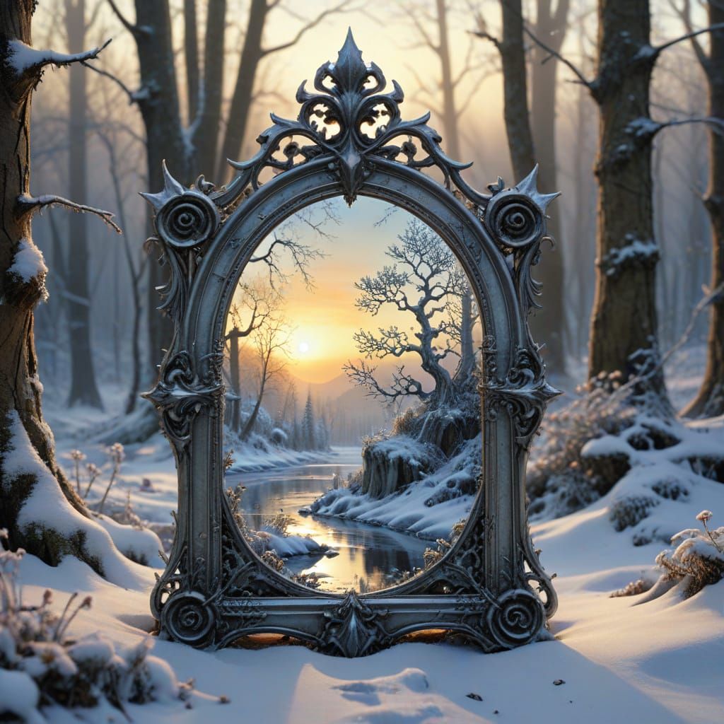 Gothic Mirror in Snowy Forest, Photorealistic Fantasy Art