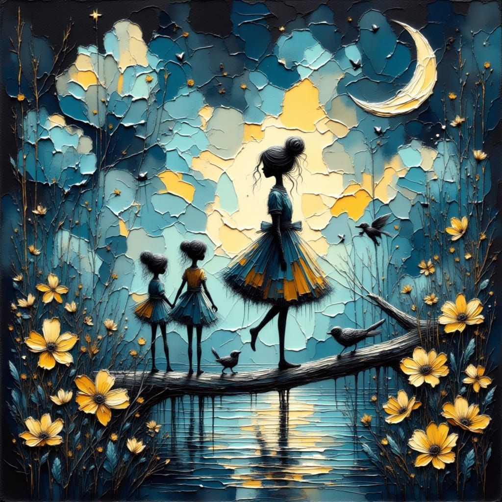 Moonlit Walk with Children in Expressive Painterly Style