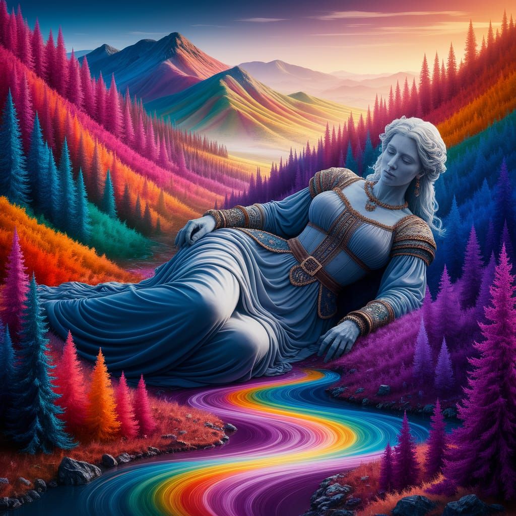 Petrified Giantess in Medieval Garb Amidst Colorful Mountain...