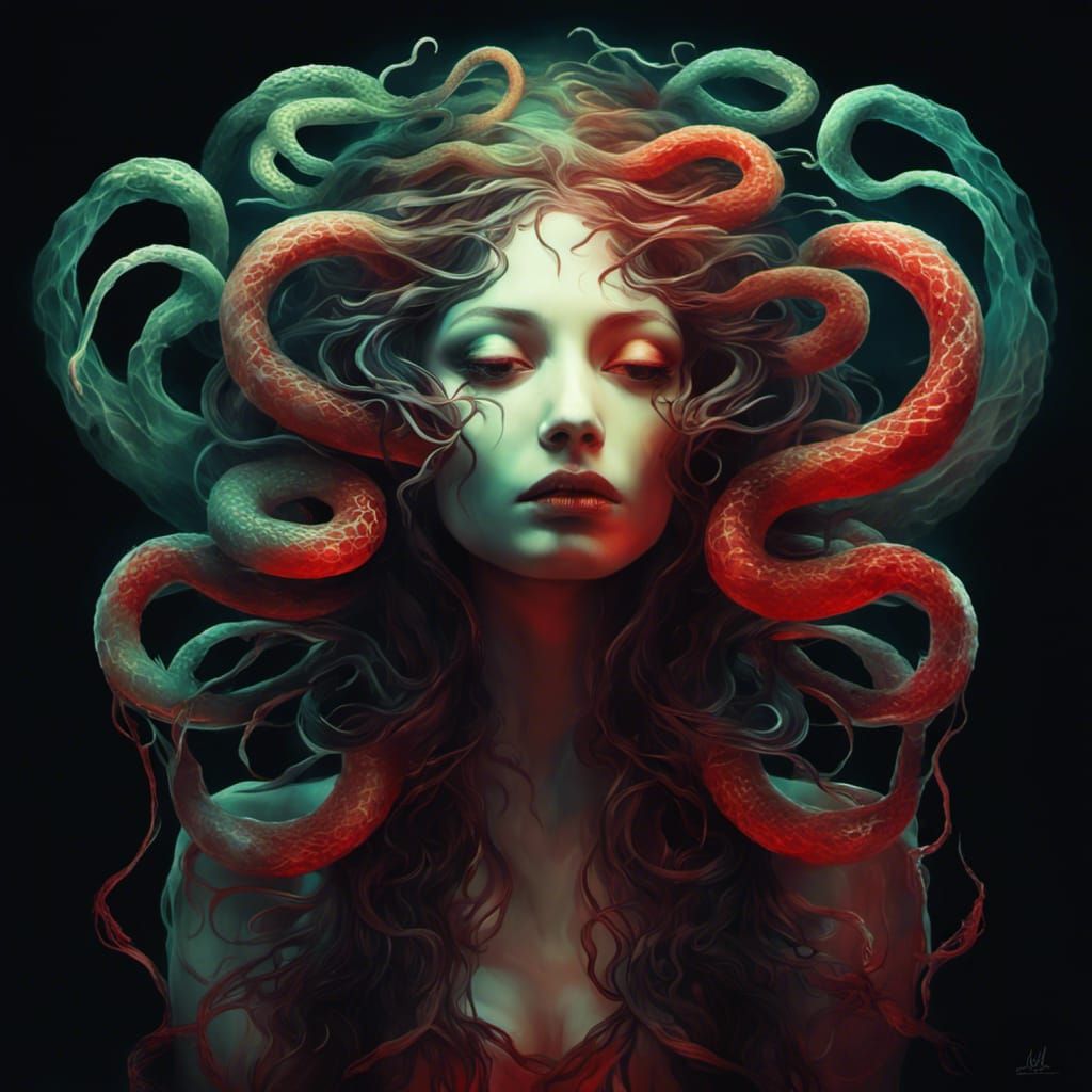 Surreal Medusa Goddess Portrait in Art Nouveau Style