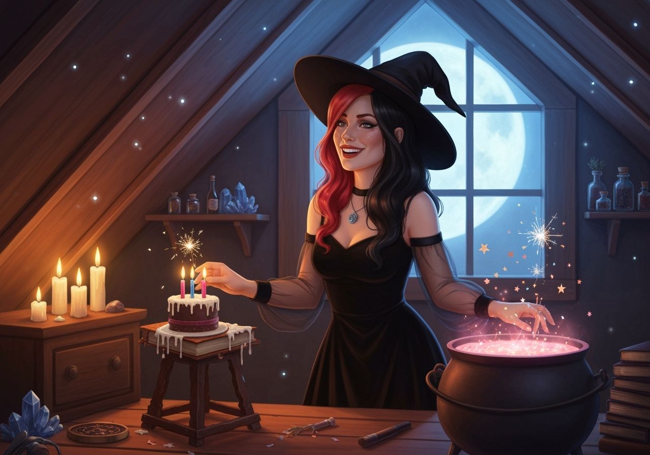 Witch's Birthday Celebration in Candlelit Attic