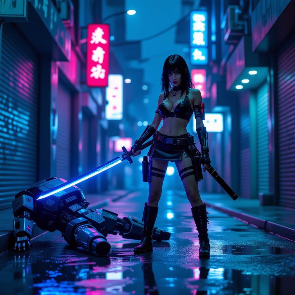 Cyberpunk Warrior Woman with Cyber-Katana in Neon Alley