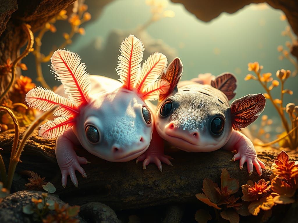 Two majestic, one snow-white axolotl with 6 delicate pink feathery tips and gills, the other darker with 4 black feather...