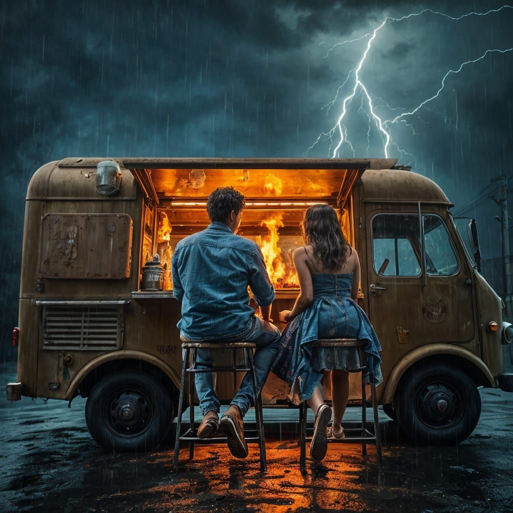 Fiery Food Truck Disaster on a Rainy Day