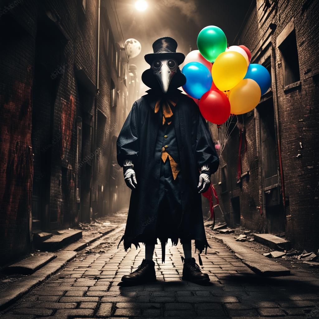 Clown Plague Doctor in Dark Alley, Mixed Media