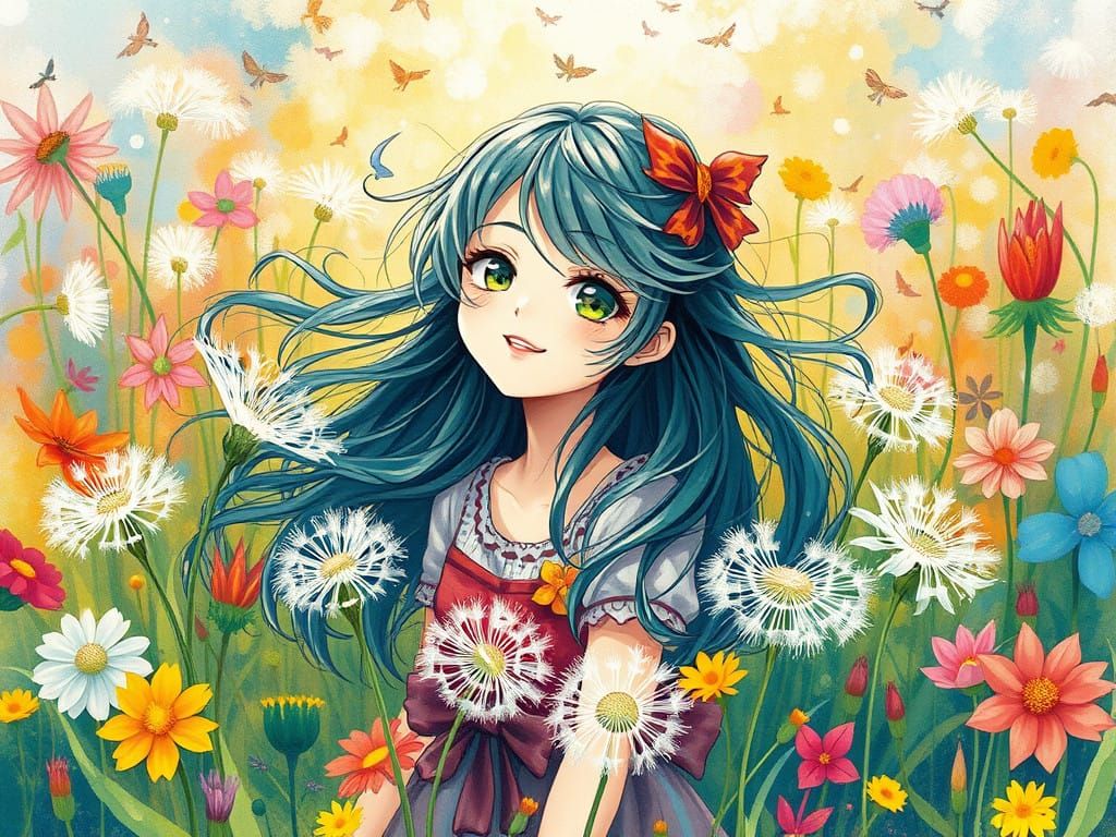 Anime Girl Surrounded by Whimsical Dandelion Blooms in a Col...