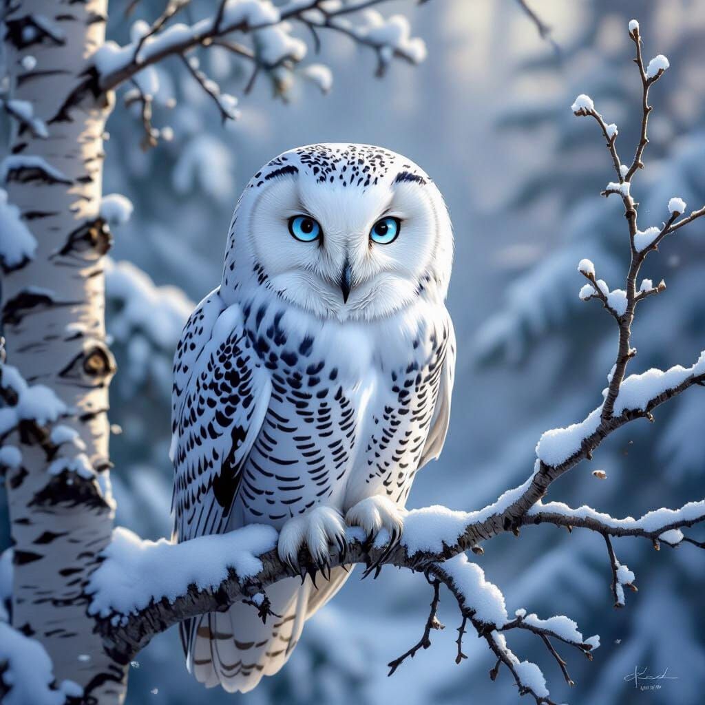 Majestic Snow Owl in Winter Forest Digital Painting