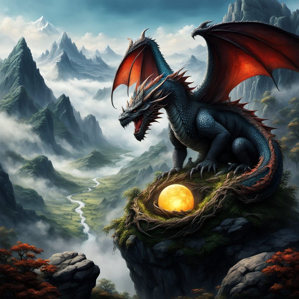 Fantasy Dragon Eggs in Majestic Mountain Landscape