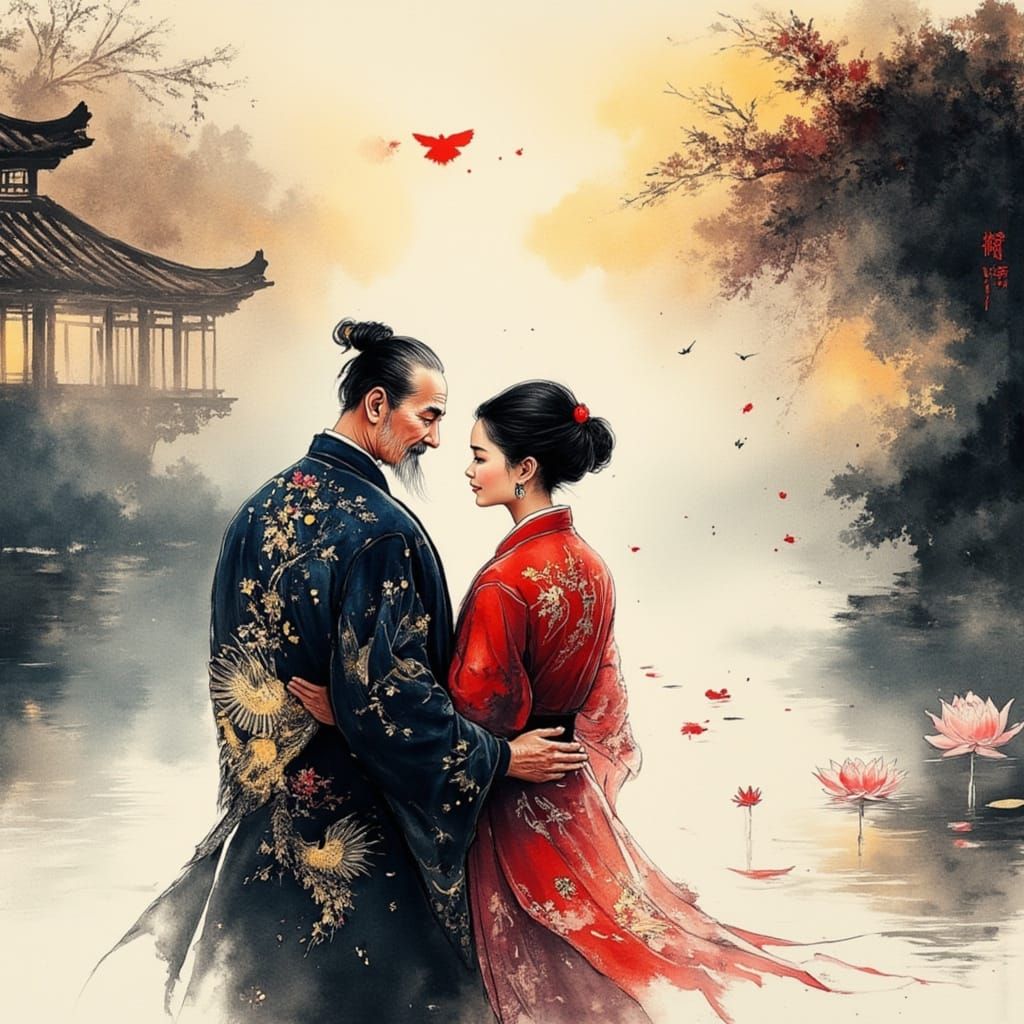 Chinese Couple in Sumi-e Ink Style