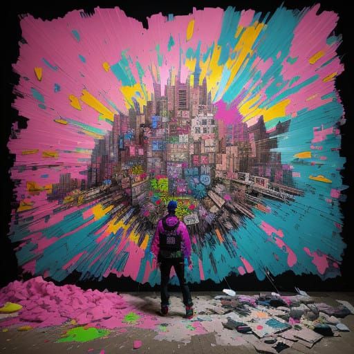 Vibrant Street Art Scene with Pink Stuffed Animals