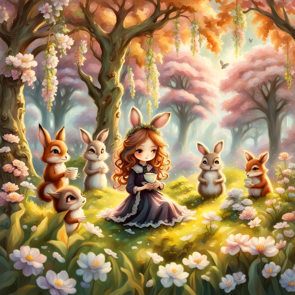 Chibi Forest Animals Picnic in Weeping Willow Meadow