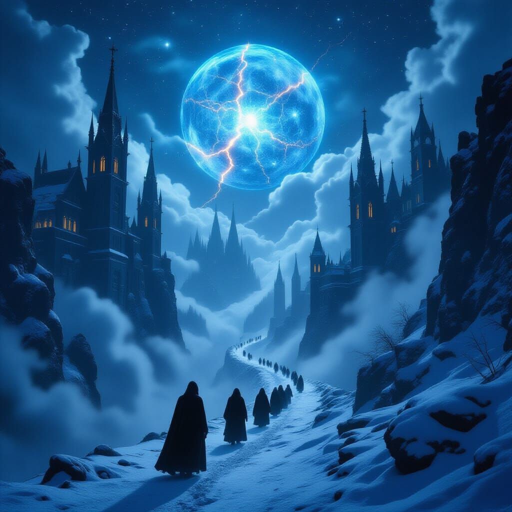 Gothic Spires Under a Starry Sky with Glowing Blue Orb