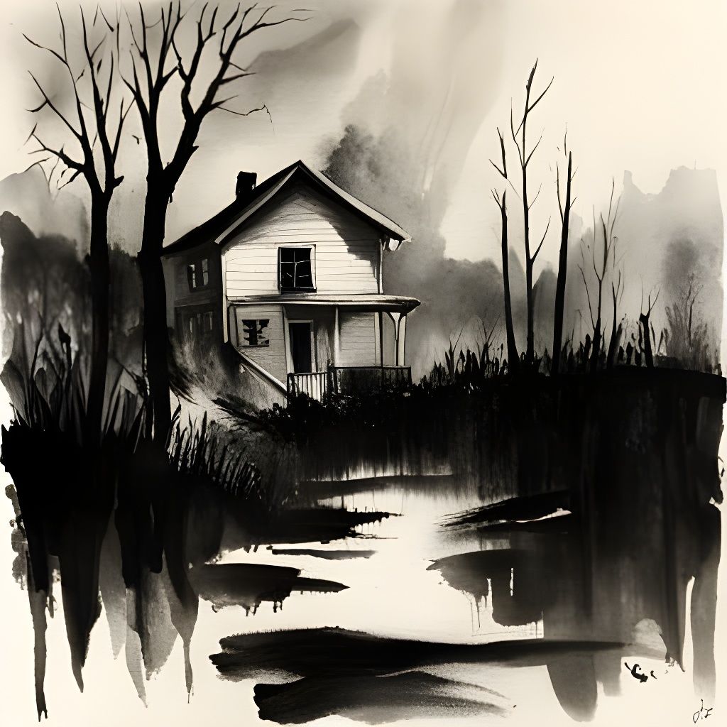 Creepy Decaying House in Black and White Watercolors
