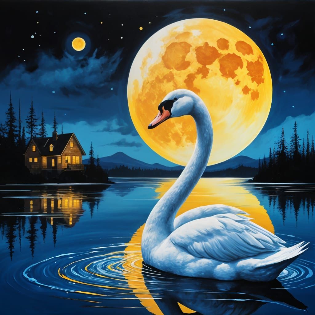 Glowing Swan Silhouette Against Golden Moon