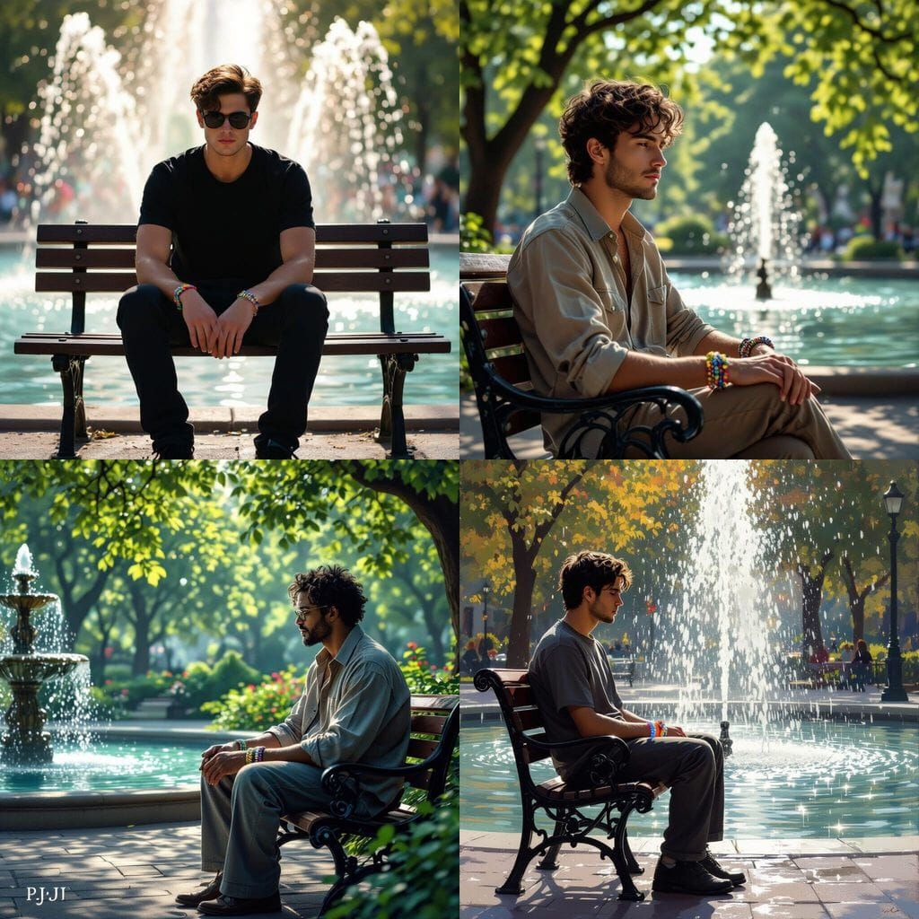 Blind Man on Park Bench Near Fountain