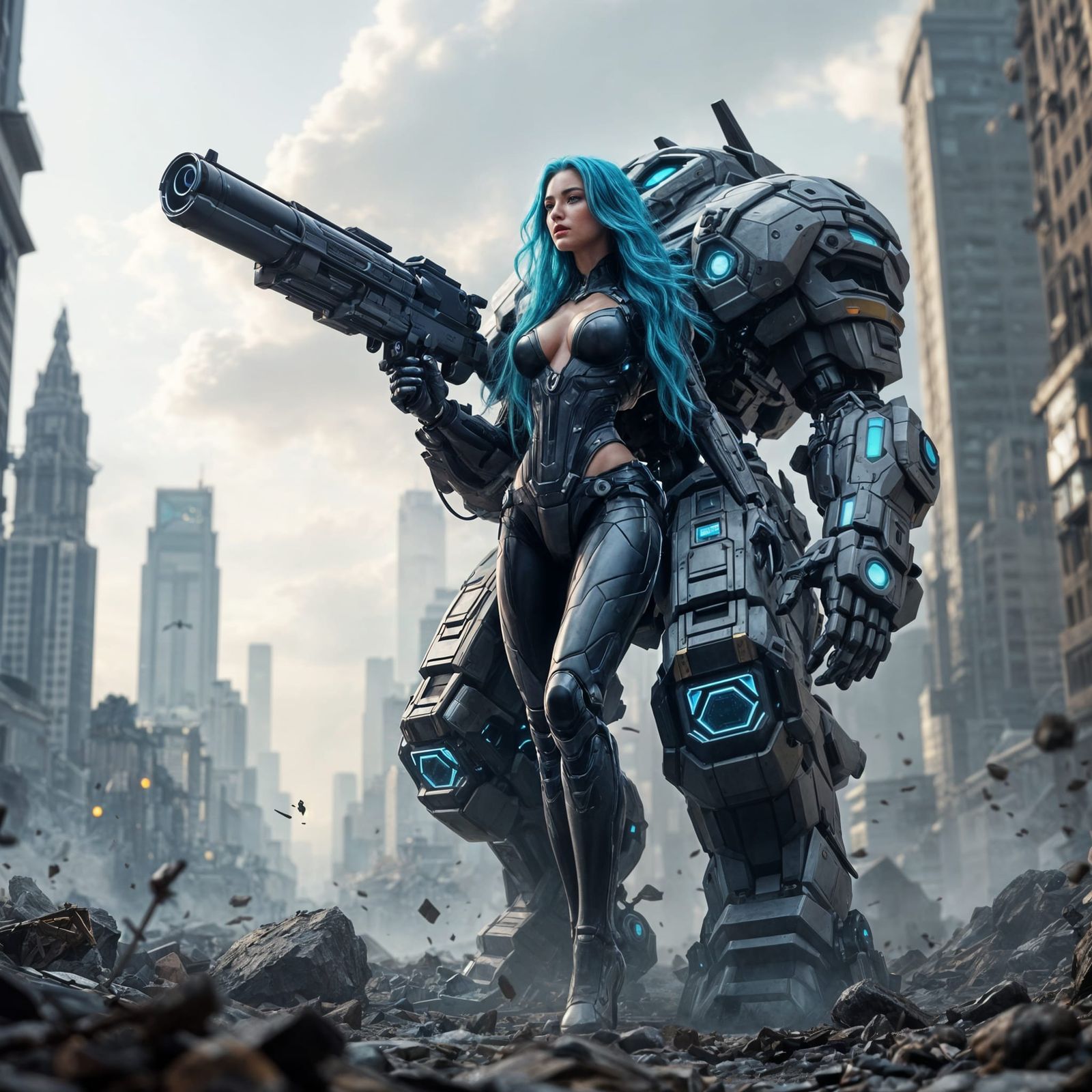 Futuristic Woman on Mech in Destroyed City