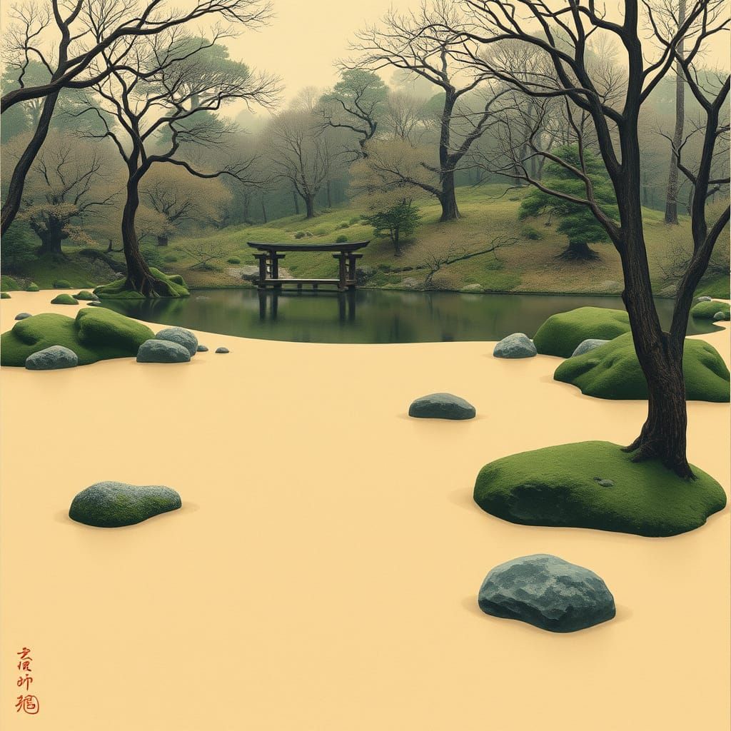 Tranquil Zen Garden in Japanese Ukiyo-e Style