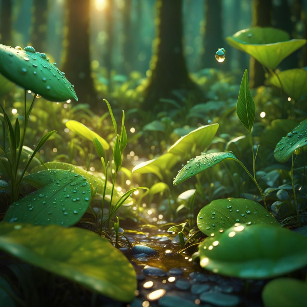 Magical Forest Landscape with Dewdrops: 3D Digital Art