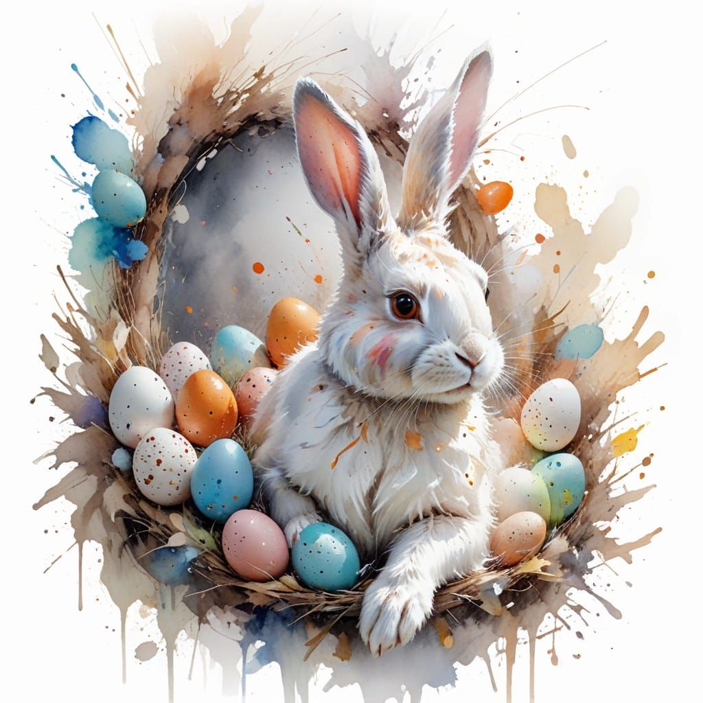 Ethereal Easter Bunny Scene in Fine-Tuned Watercolour Style