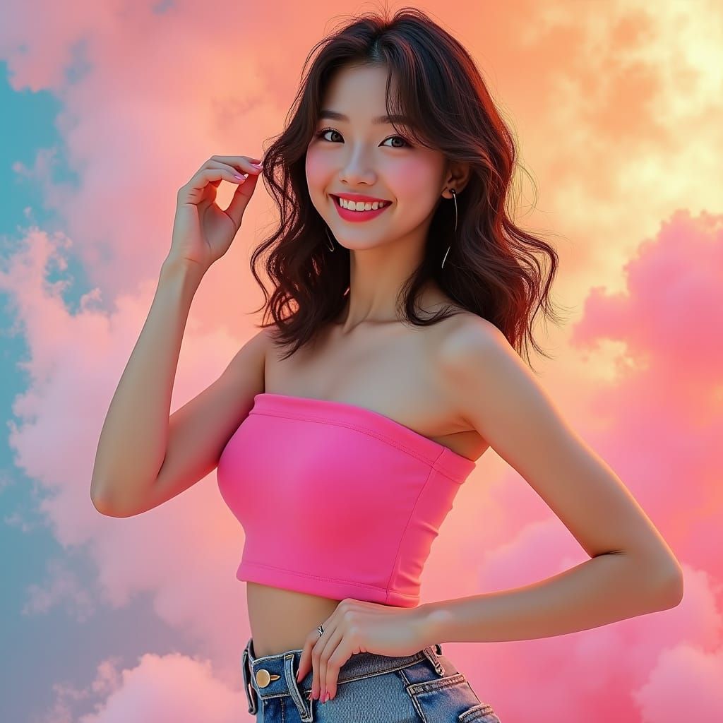 K-Pop Idol Photoshoot with Baggy Jeans, Hyperrealistic Style