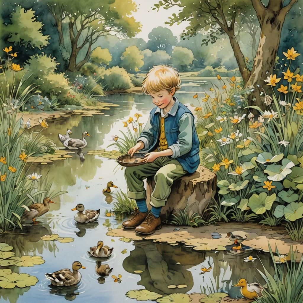 Boy Feeds Ducks at Pond in Children's Illustration Style
