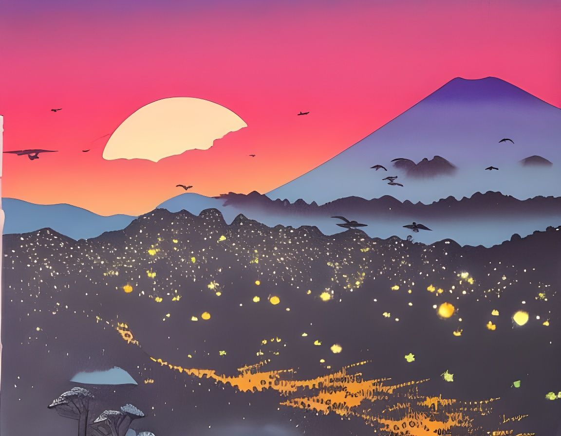 Neon Mushroom Night Landscape in Watercolor Style