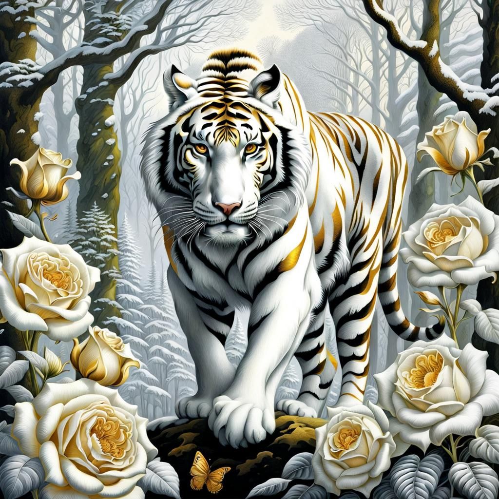 Gold and White Tiger in Snowy Forest