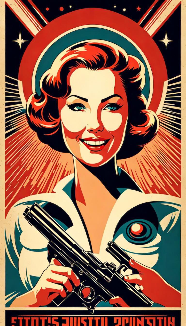 Retro-Futuristic Propaganda Poster of Woman with Gun