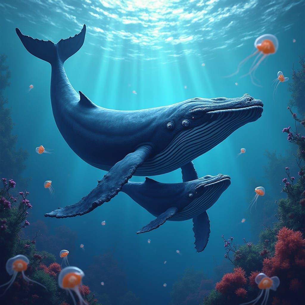 Mother Whale and Calf in Dreamlike Oceanic Scene