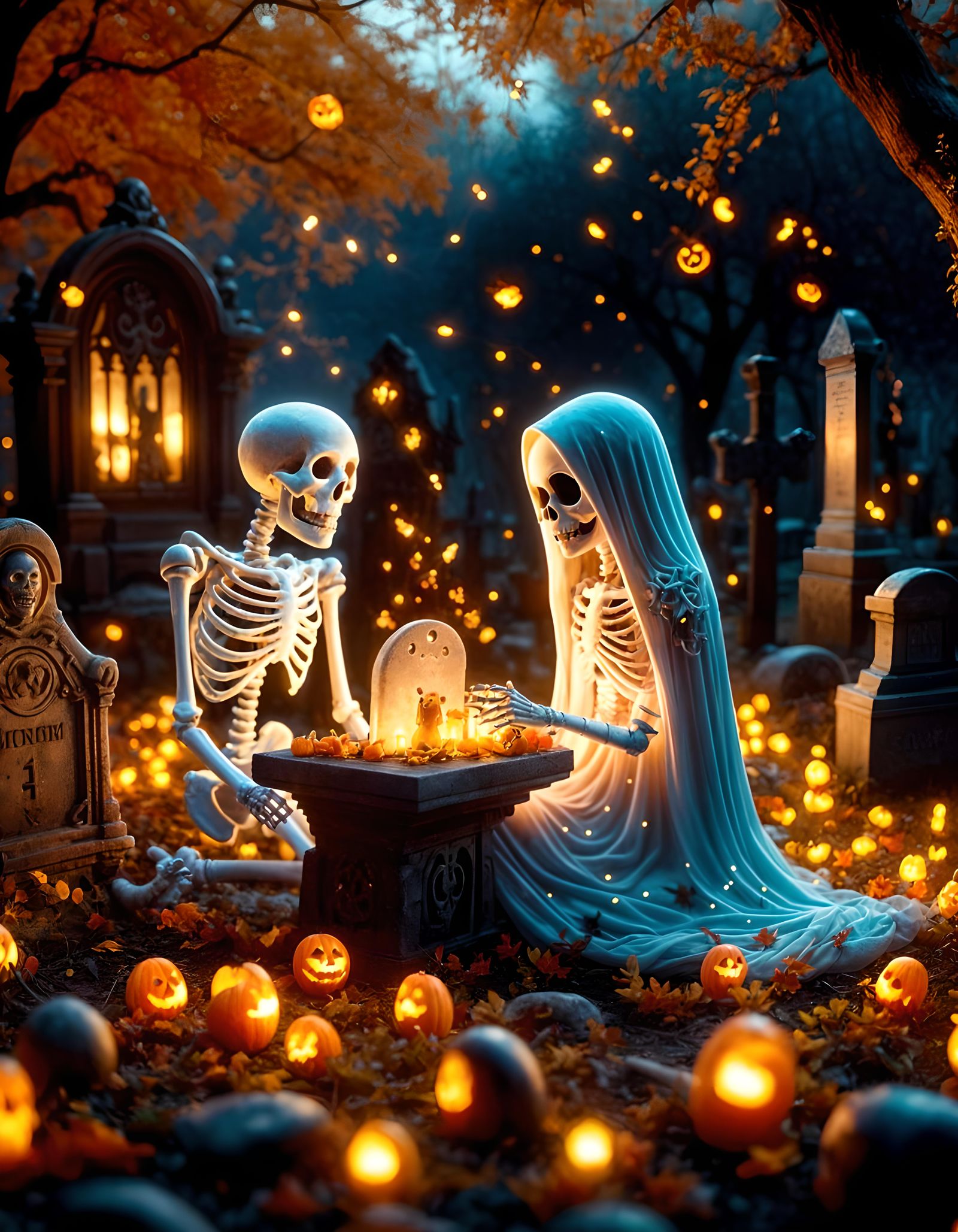 Cute Ghost Plays Checkers With Skeleton