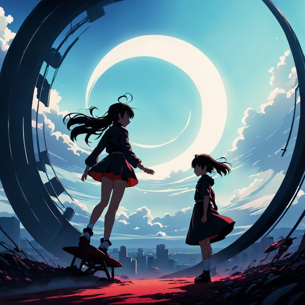 Anime-Inspired Scene: Tiny Crickets Dwarfed by Spinning Whee...