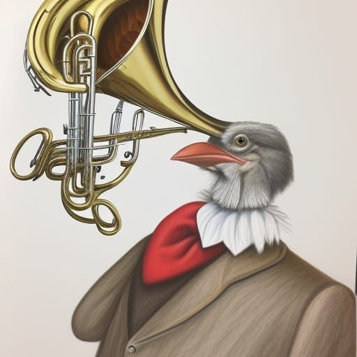 Realistic Anthropomorphic Turkey Plays French Horn