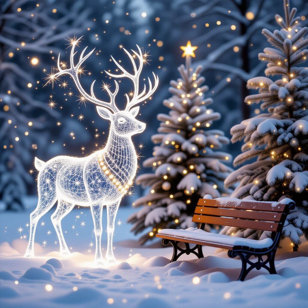 Magical Winter Landscape with Glowing Reindeer in Hyper Deta...