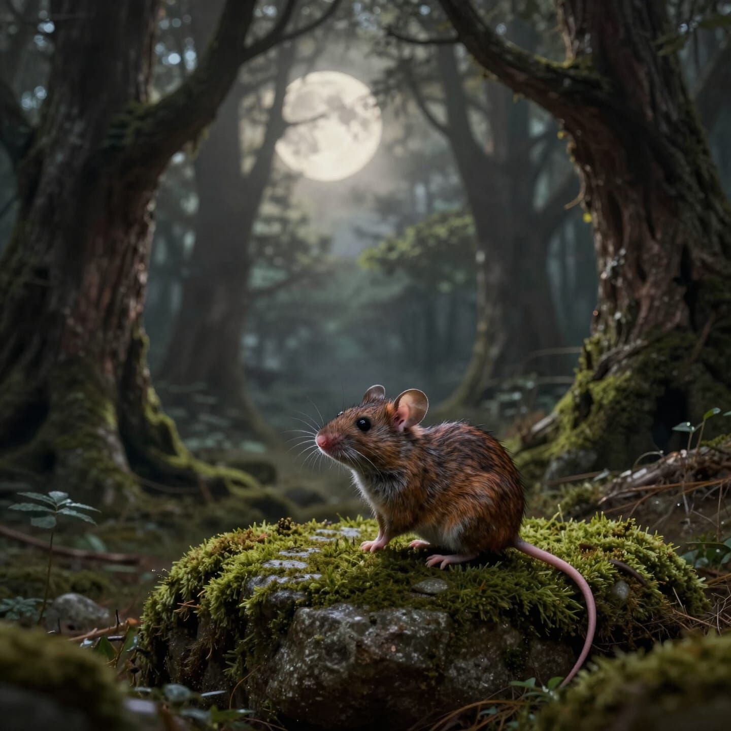A ancient trees forming a natural cathedral. A lone, intricately detailed mouse ...