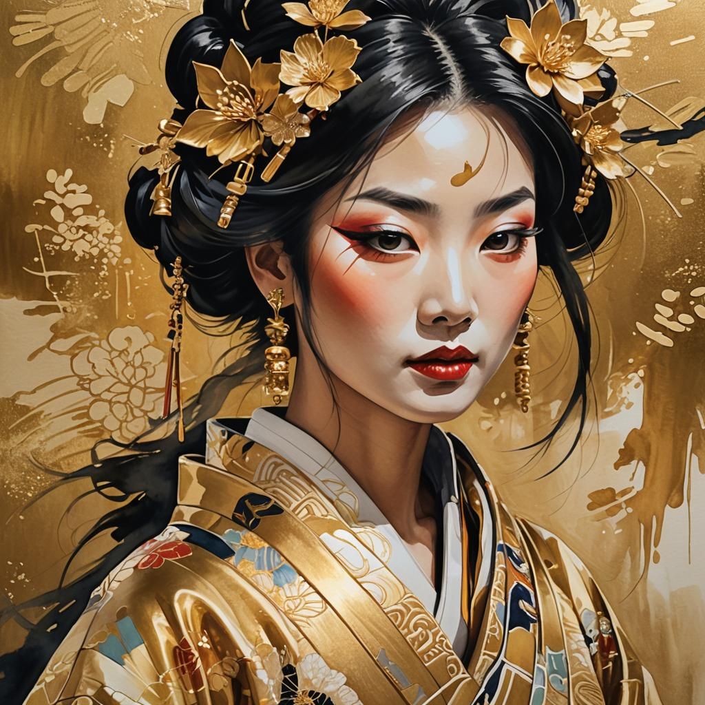 Japanese Woman in Gold Kimono Gouache Portrait