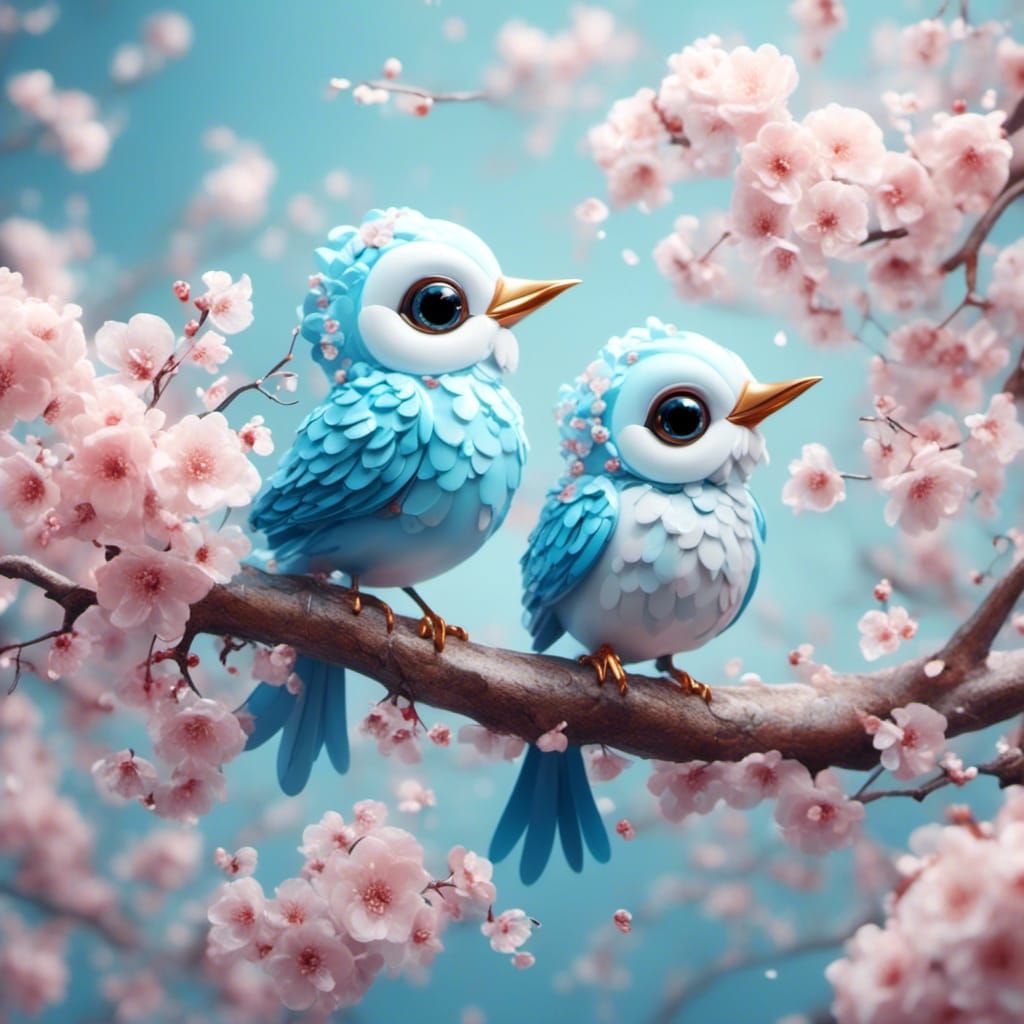 Pastel Birds on Cherry Branch, Whimsical Airbrush Art