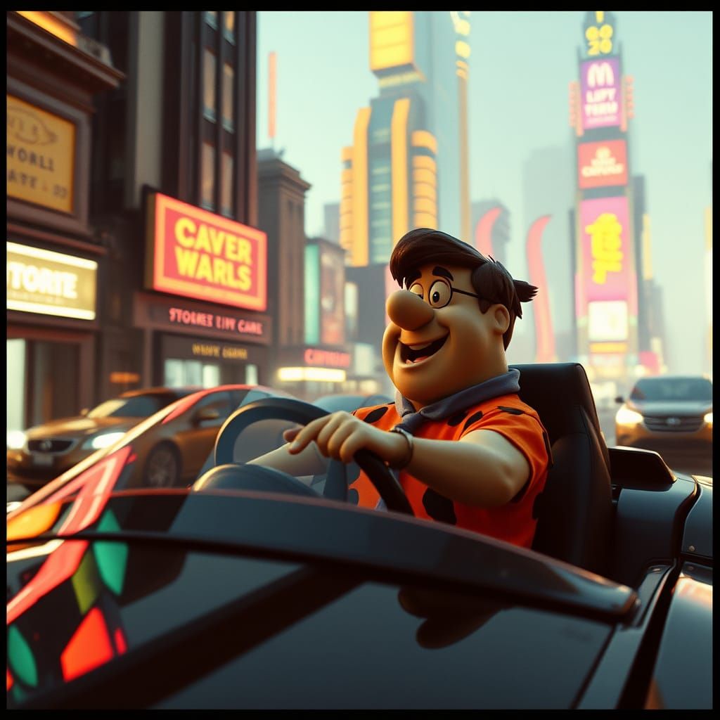 Fred Flintstone driving his car in a futuristic city
