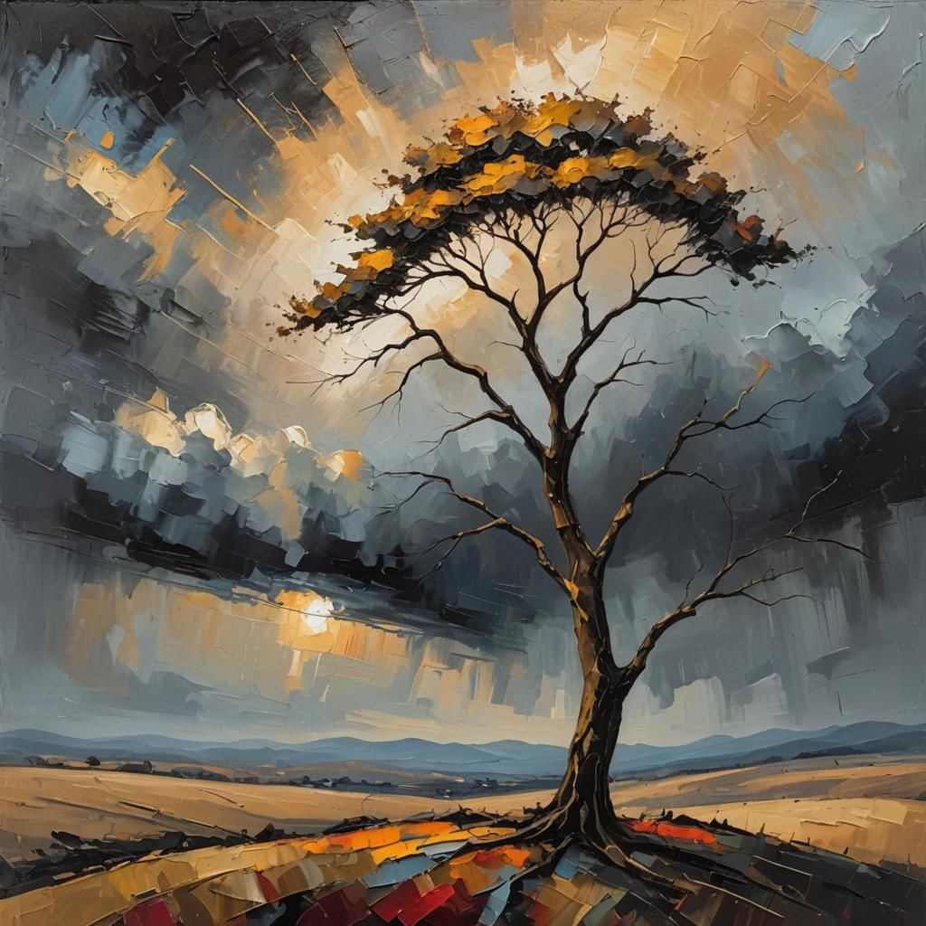 Lone Tree on Barren Hill: Abstract Expressionist Oil Paintin...