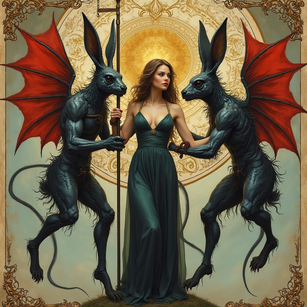 Demonic Rabbit Warriors Abduct Woman: Whimsical Drollery Art